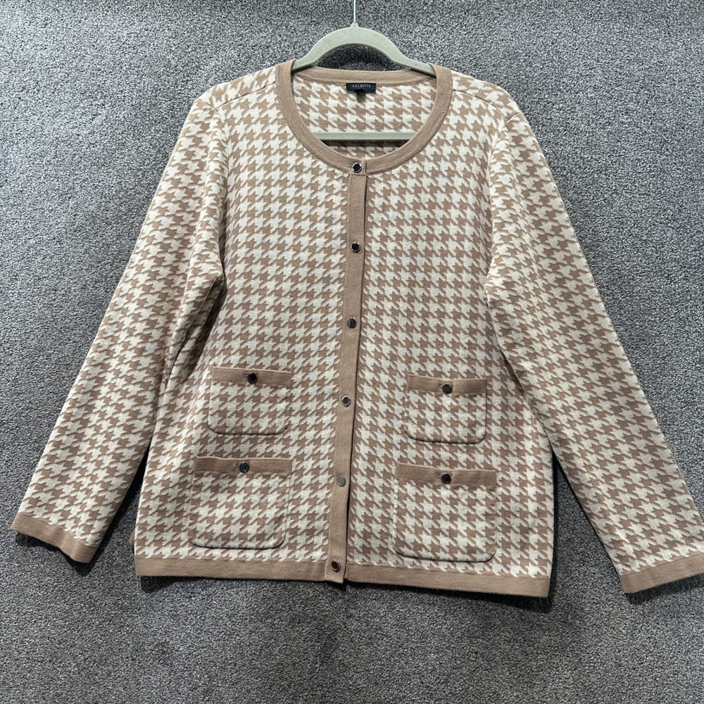 Talbots Houndstooth Cardigan Sweater 1X Tan Button Up Pockets Academia Office